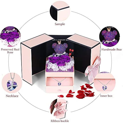 Purple rose bear with heart crystal necklace