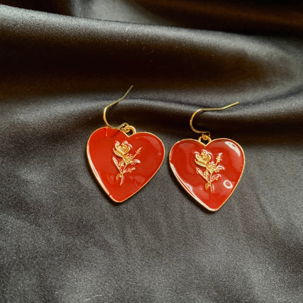 Red heart and gold rose drop earrings handmade