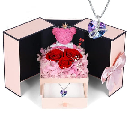 Red rose bear with heart crystal necklace