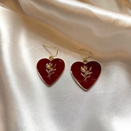 Romantic dark red heart dangle earrings with gold rose