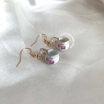 Rose and white porcelain tea pot earrings