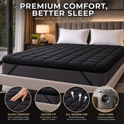 Black Mattress Topper UK – Soft Quilted Breathable Bed Topper with Elastic Straps