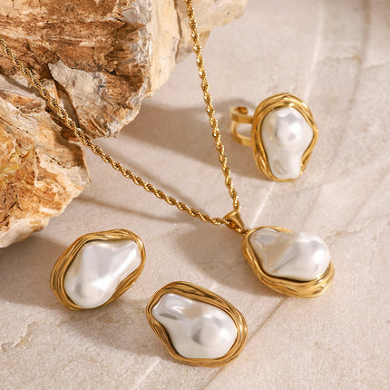Stainless steel pearl necklace earrings and ring set for women