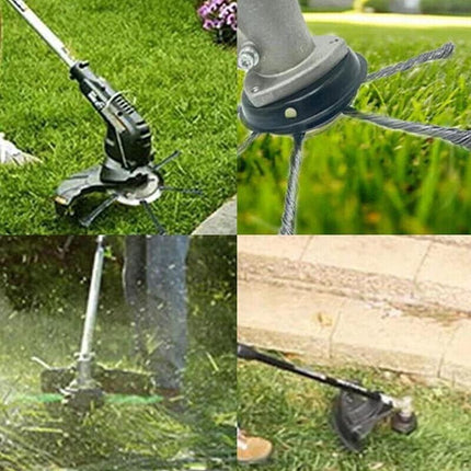 steel wire trimmer head cutting weeds and grass