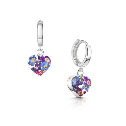Sterling silver purple floral heart huggie earrings