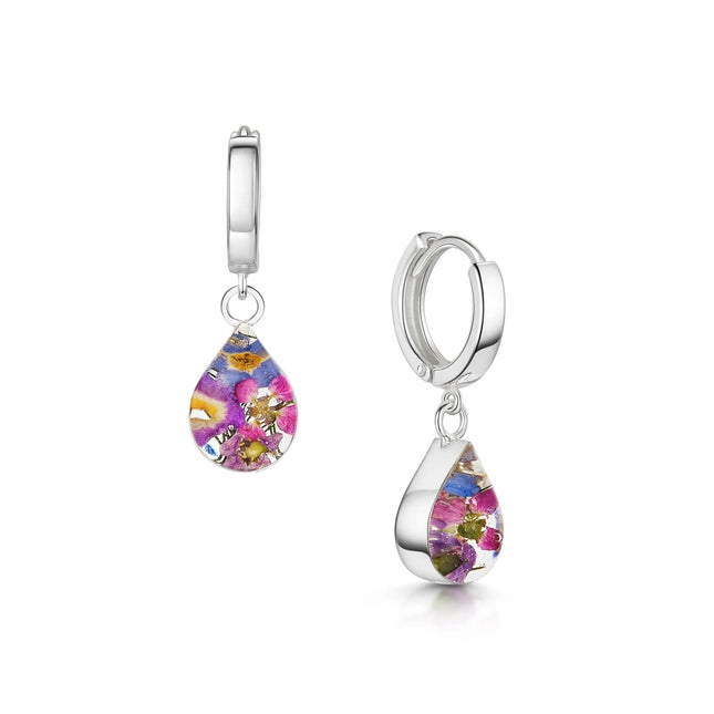 Sterling silver purple floral huggie earrings teardrop design