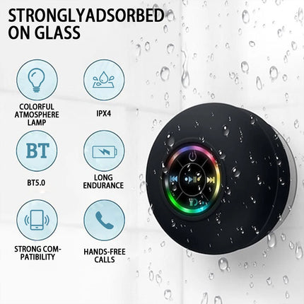 Bluetooth speaker with suction cup attached to bathroom wall