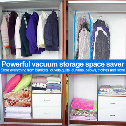Vacuum storage bags saving space in closet.