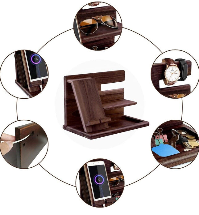 Wooden desk organiser with phone stand